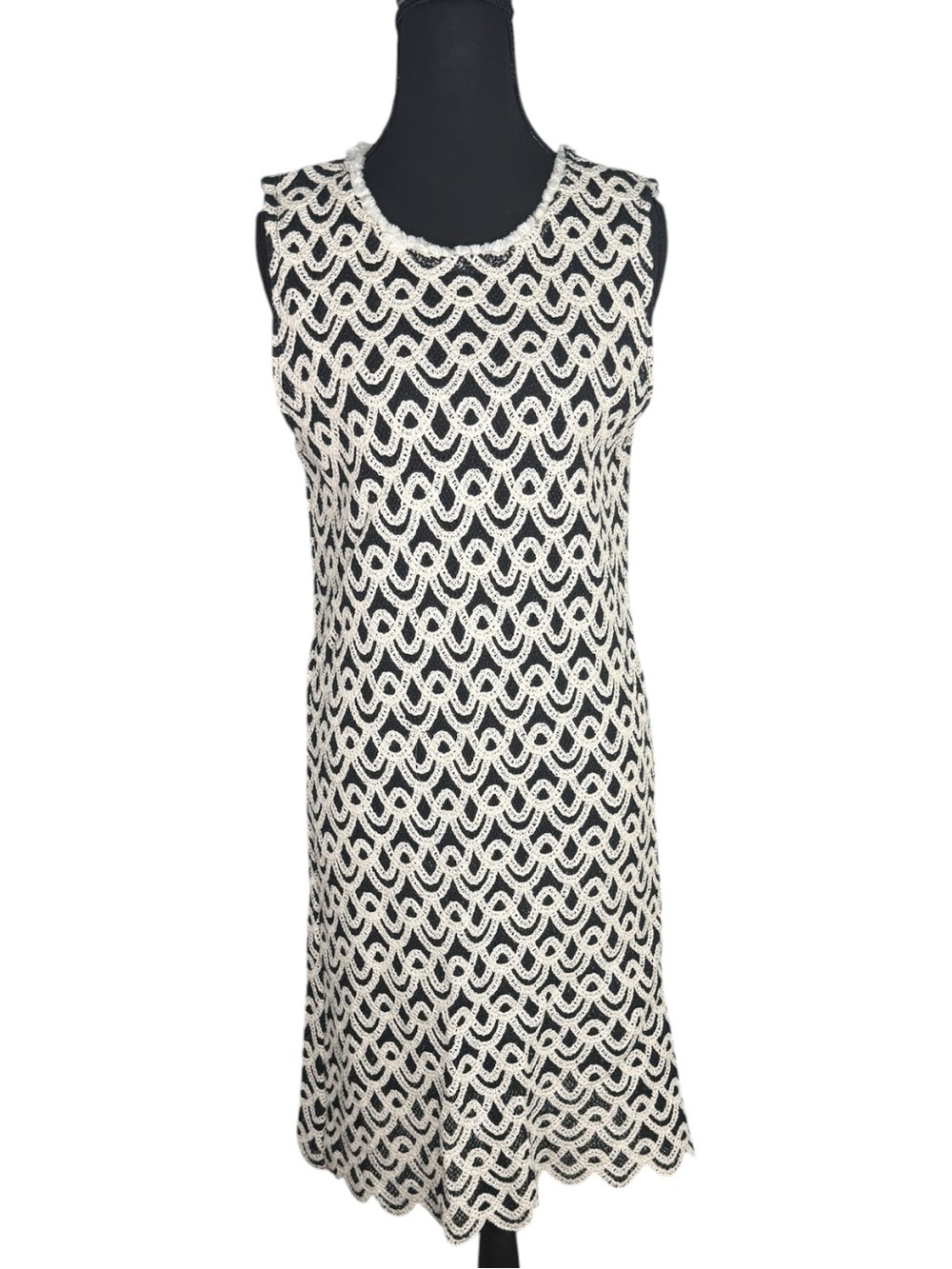Primark Womens L Black Ivory Crochet Lace Sleeveless Shift Dress Scalloped Hem